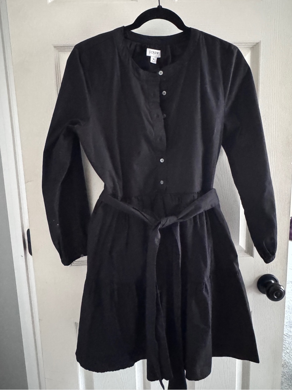 J. Crew Black Long-Sleeve Button-Front Belted Dress